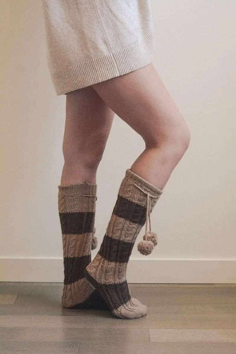 Knee High Striped Pom Socks