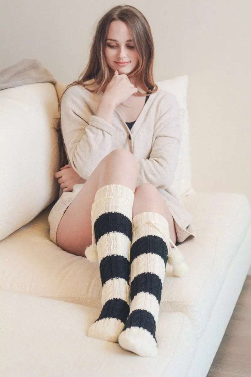 Knee High Striped Pom Socks