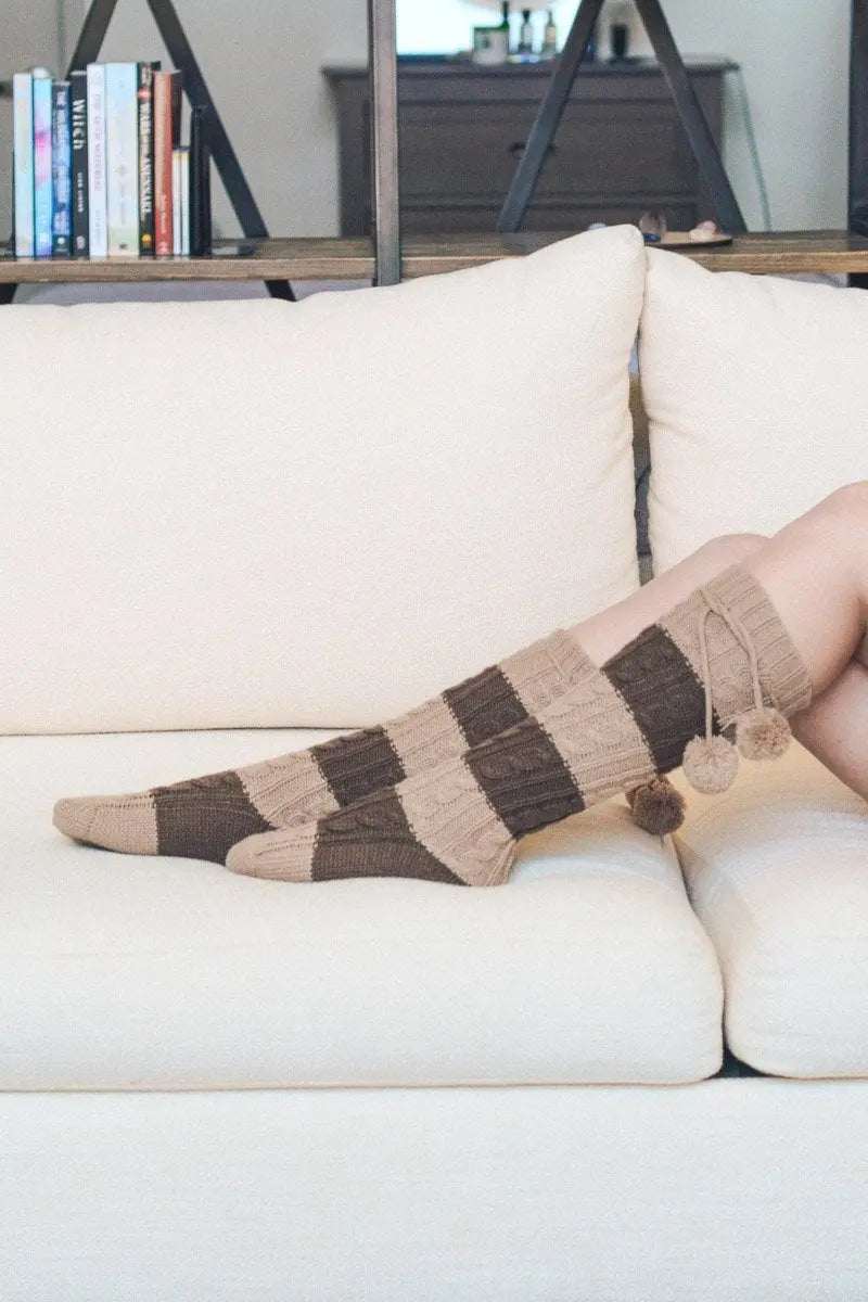 Knee High Striped Pom Socks
