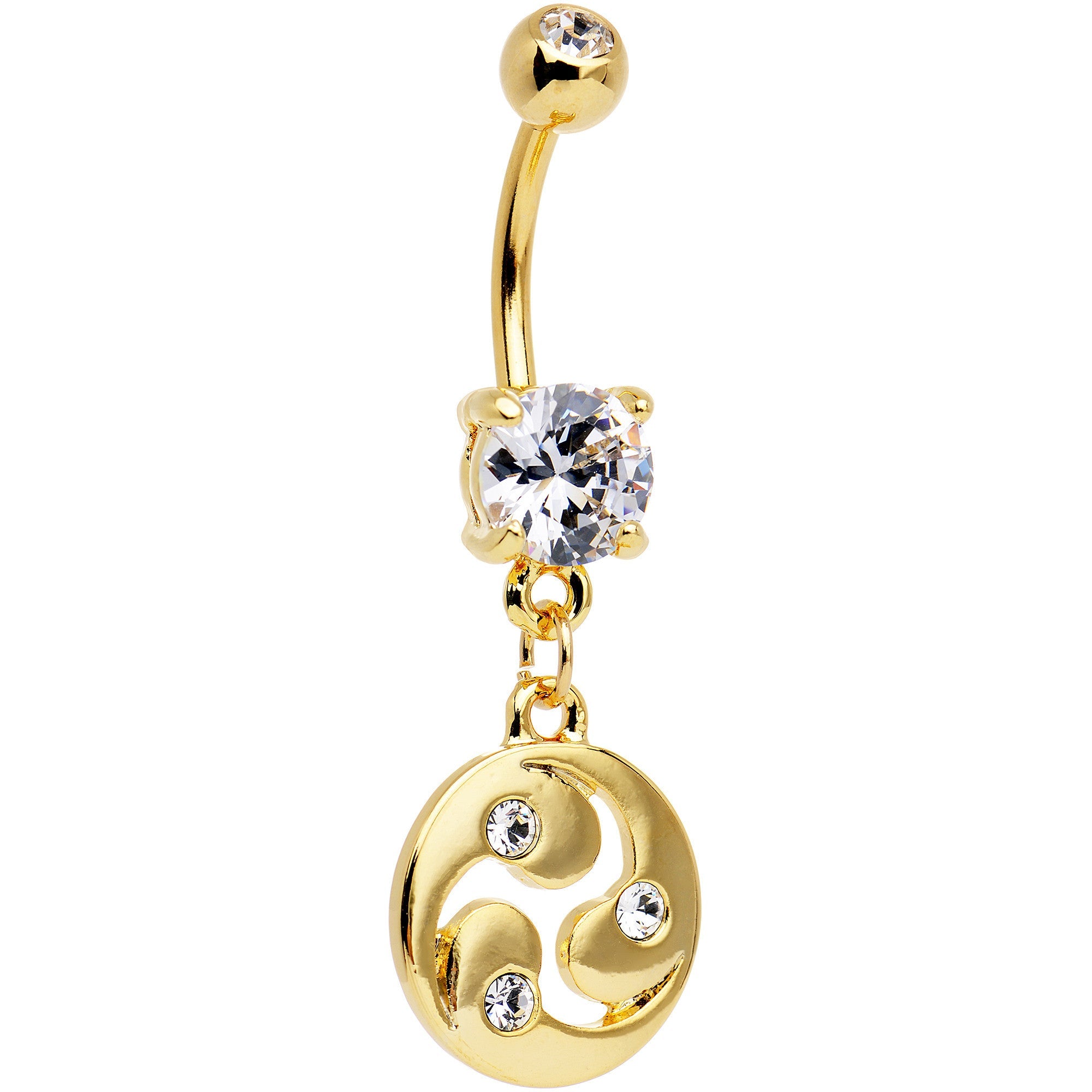 Clear CZ Gem Gold PVD Triskele Spiral Dangle Belly Ring - BodyCandy - Flyclothing LLC