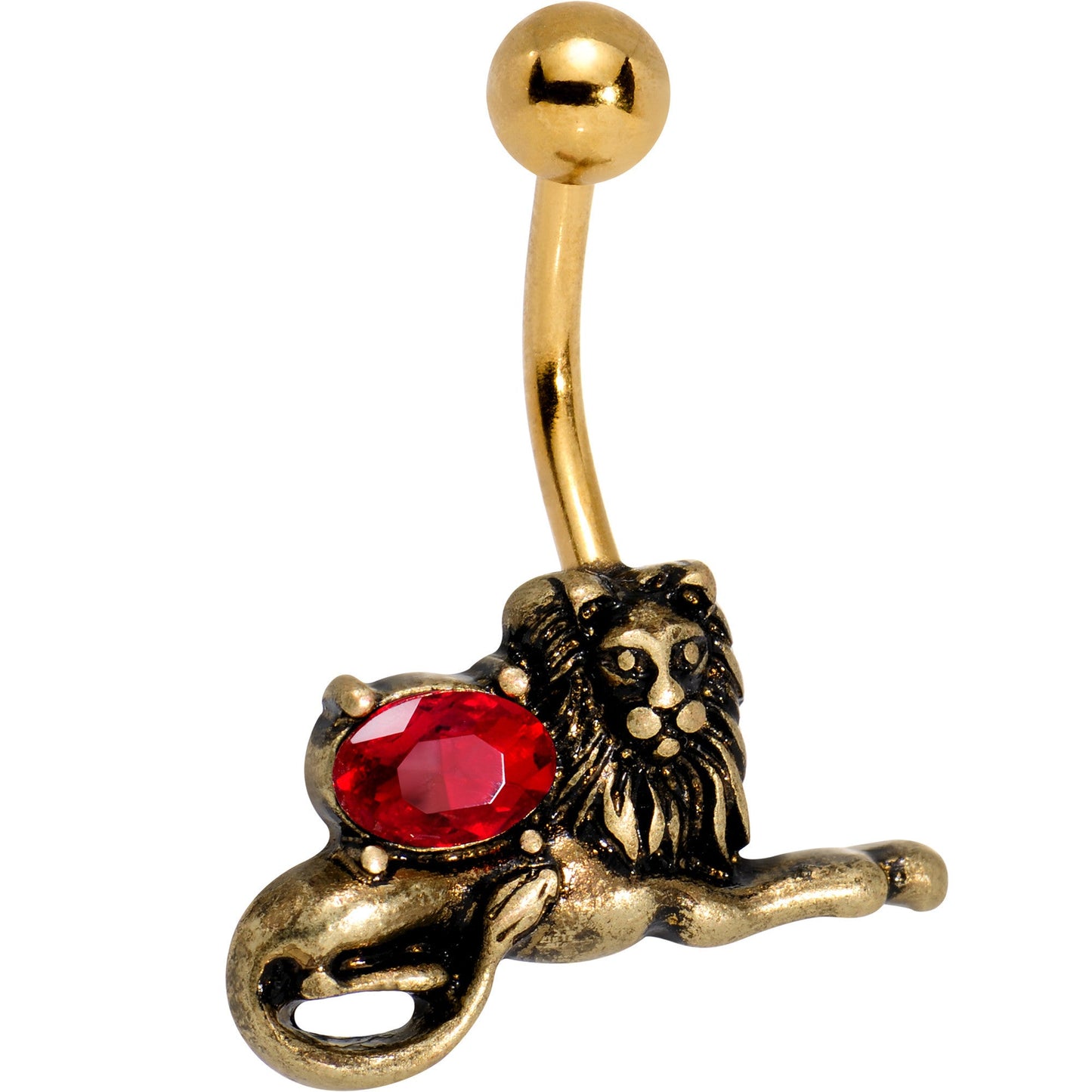 Red Gem Gold PVD Resting Guardian Lion Belly Ring - BodyCandy - Flyclothing LLC