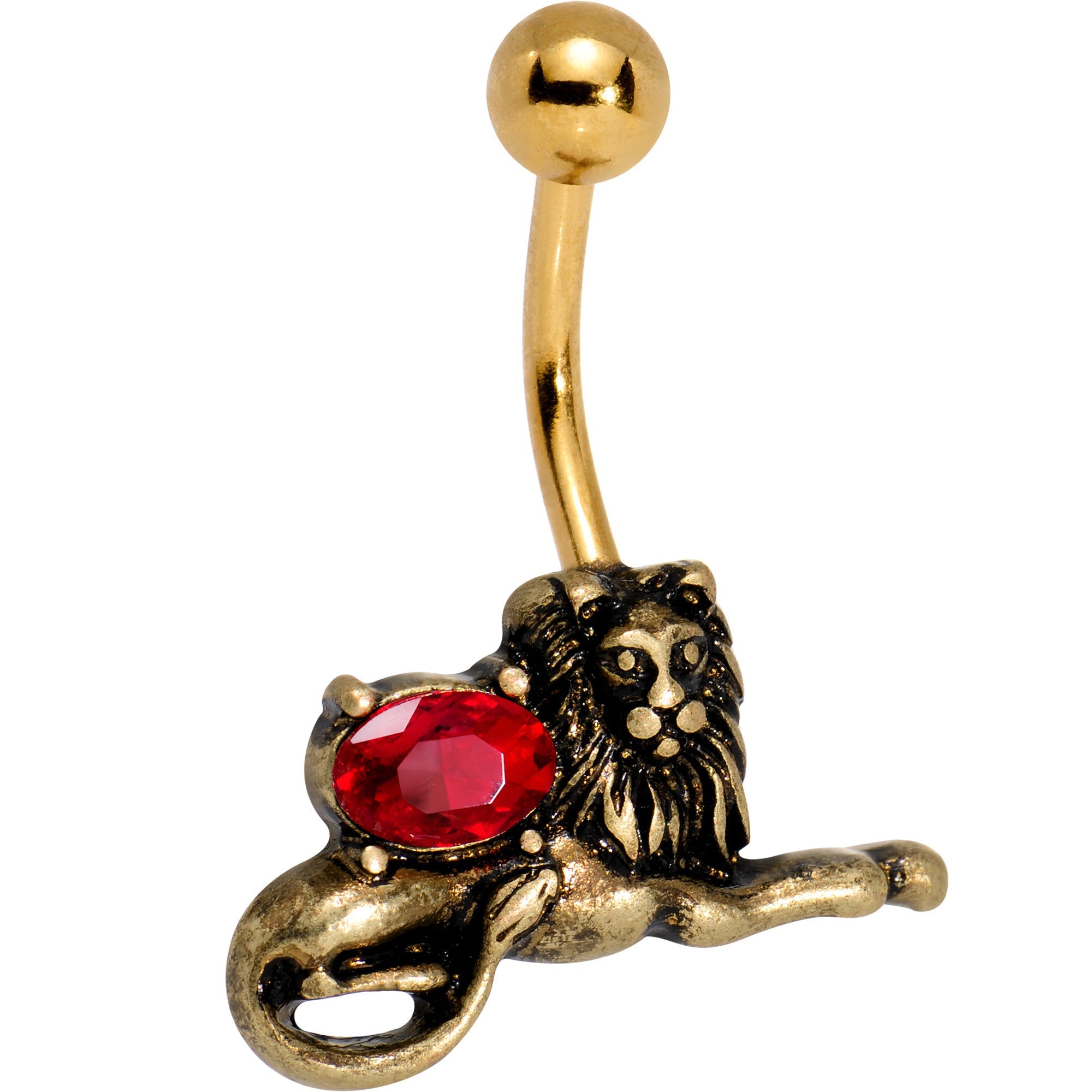 Red Gem Gold PVD Resting Guardian Lion Belly Ring - BodyCandy - Flyclothing LLC