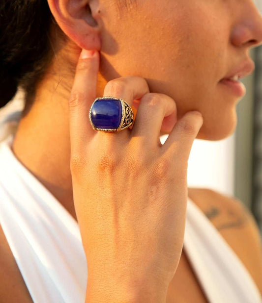 Lace Blue Agate Golden Statement Ring - Barse Jewelry - Flyclothing LLC