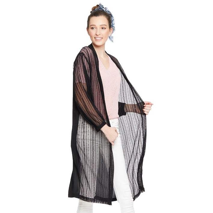 Lace Detail Long Sleeve Sheer Accent Kimono Poncho Beachwear - Madeline Love - Flyclothing LLC