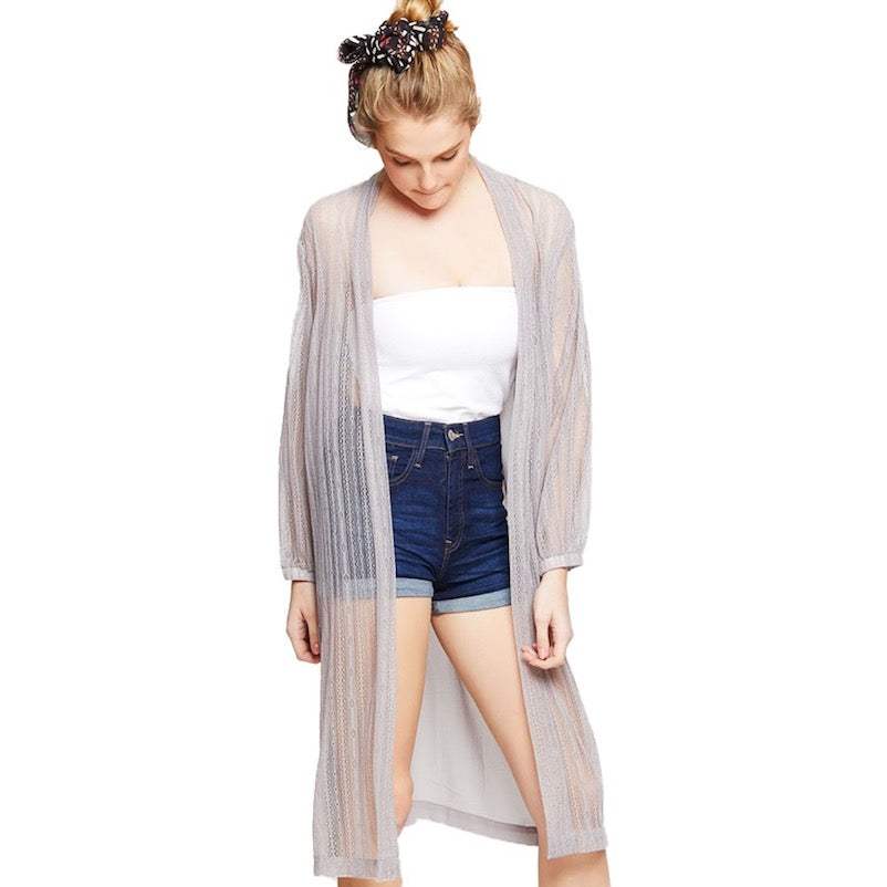 Lace Detail Long Sleeve Sheer Accent Kimono Poncho Beachwear - Madeline Love - Flyclothing LLC