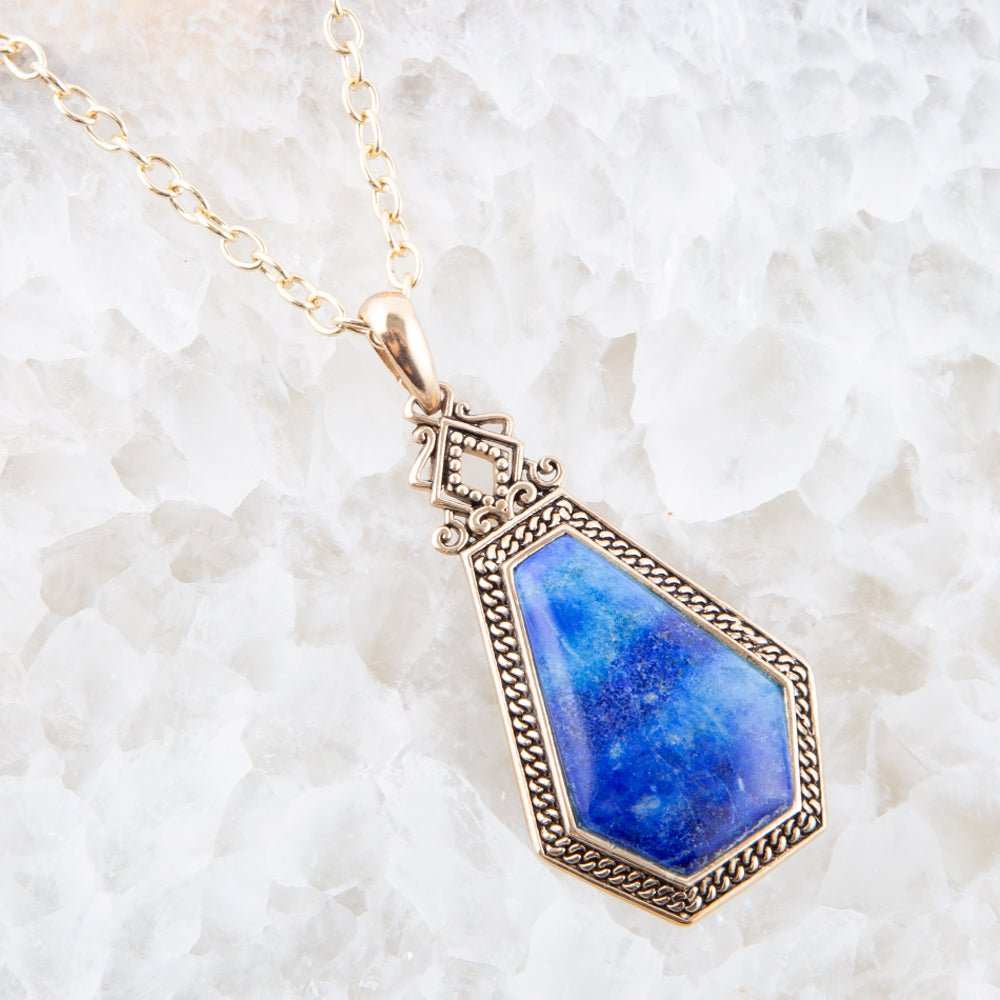 Blue Lapis Golden Elongated Pendant Necklace - Barse Jewelry - Flyclothing LLC