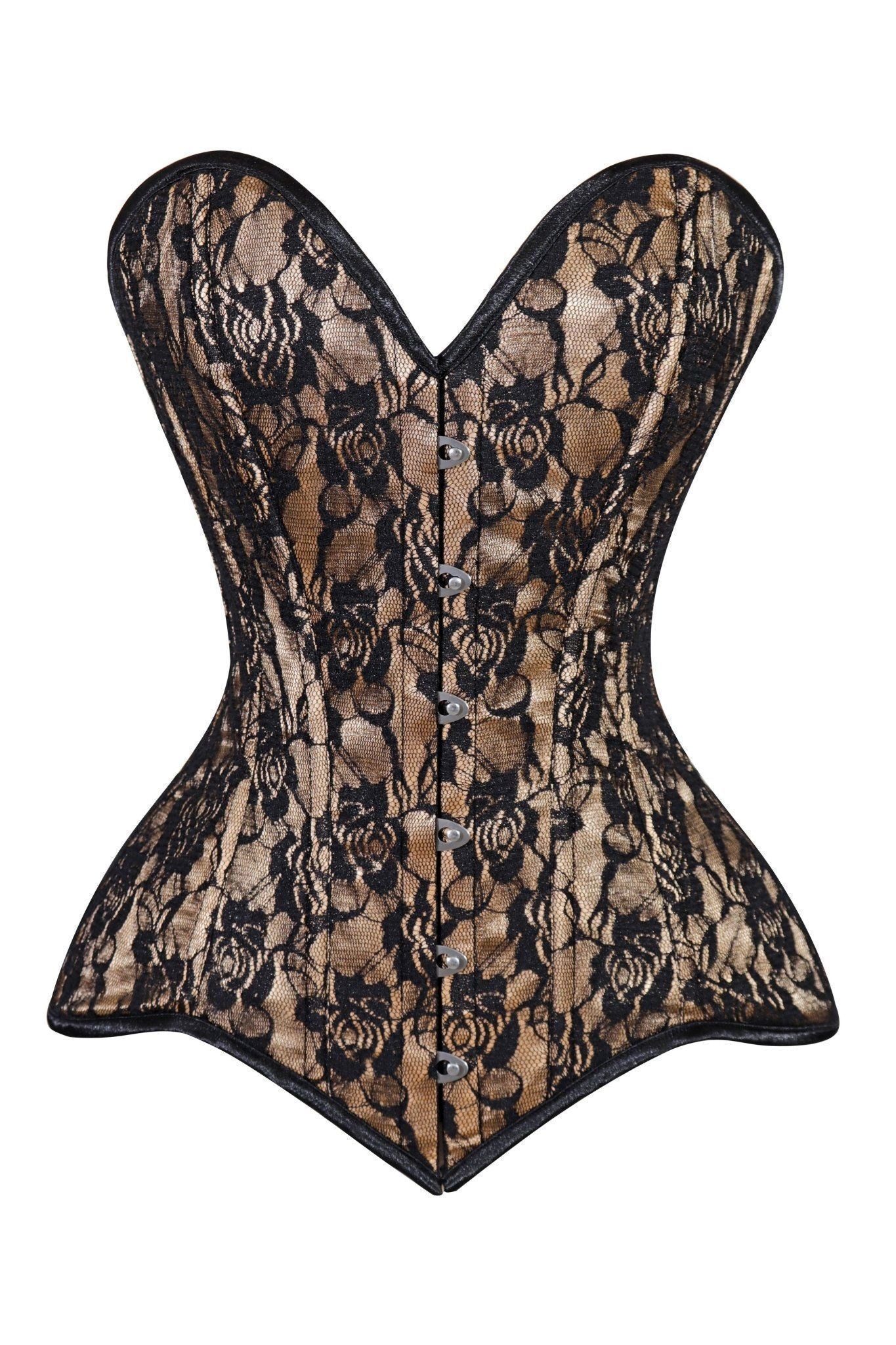 Daisy Corsets Lavish Beige/Black Lace Overbust Corset Sweetheart Neckline Busk Closure - Daisy Corsets