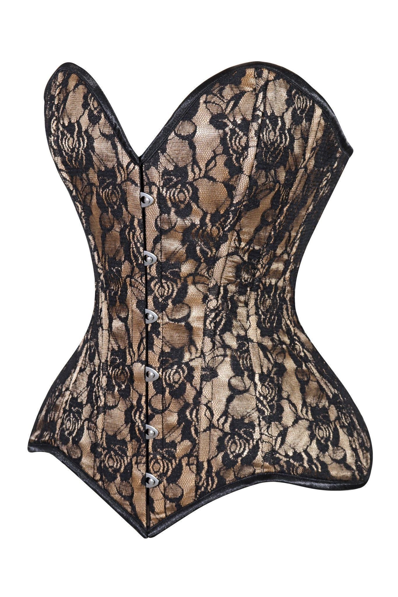 Daisy Corsets Lavish Beige/Black Lace Overbust Corset Sweetheart Neckline Busk Closure - Daisy Corsets