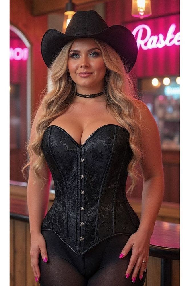 Daisy Corsets Lavish Black Brocade Overbust Corset W/Busk Closure - Daisy Corsets