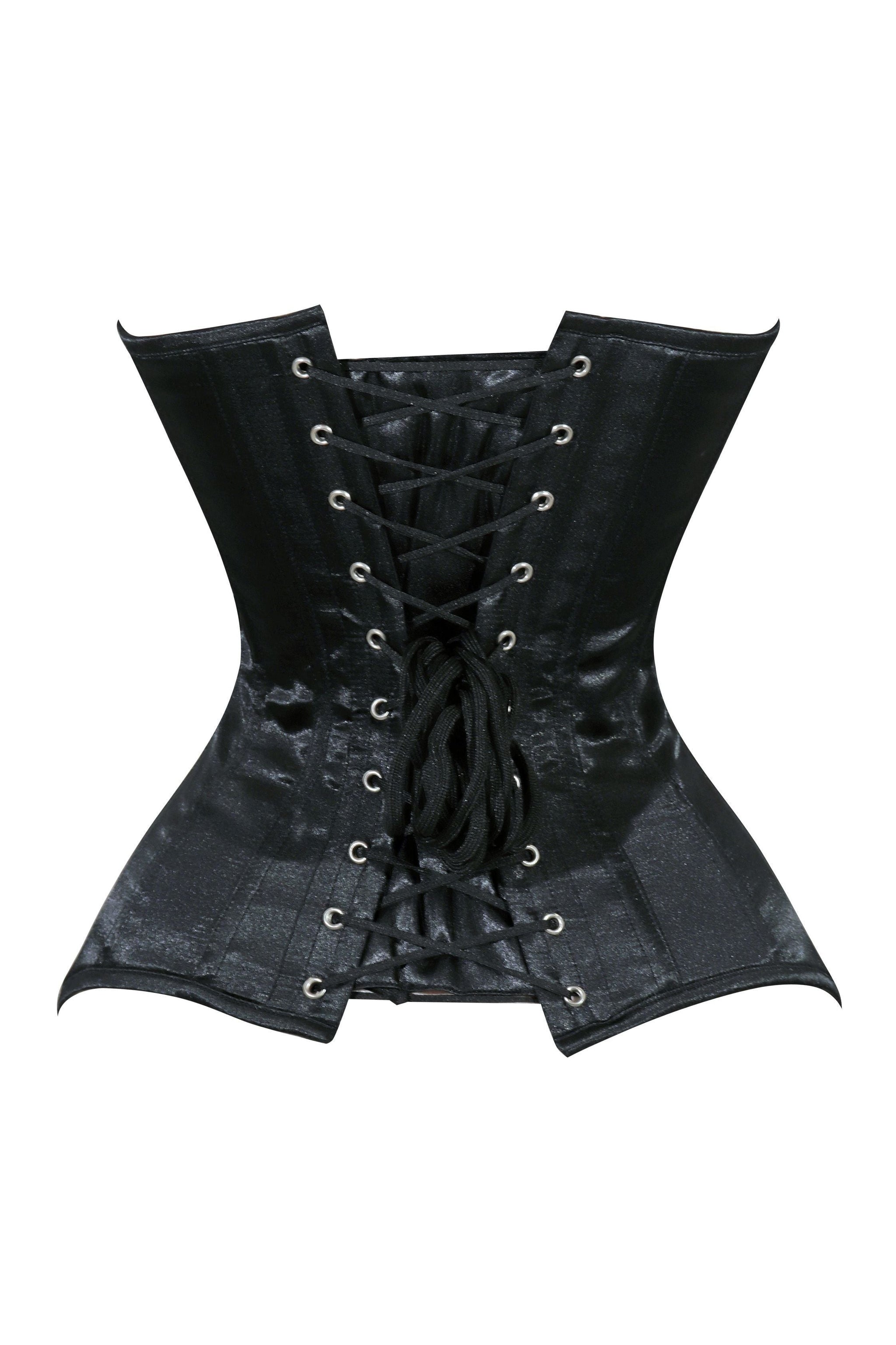 Daisy Corsets Lavish Black Satin Overbust Corset Sweetheart Neckline Busk Closure - Daisy Corsets