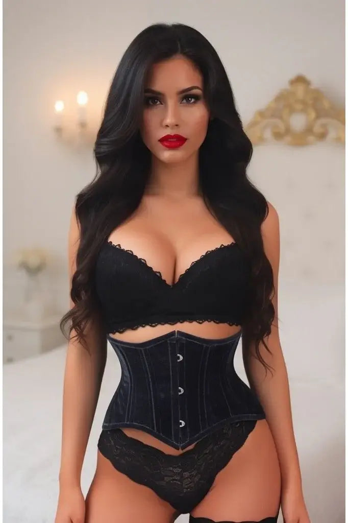 Lavish Black Velvet Mini Cincher Underbust Corset Waist Cincher Busk Closure - Daisy Corsets - Flyclothing LLC