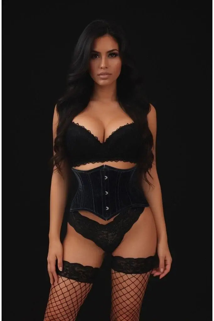 Lavish Black Velvet Mini Cincher Underbust Corset Waist Cincher Busk Closure - Daisy Corsets - Flyclothing LLC