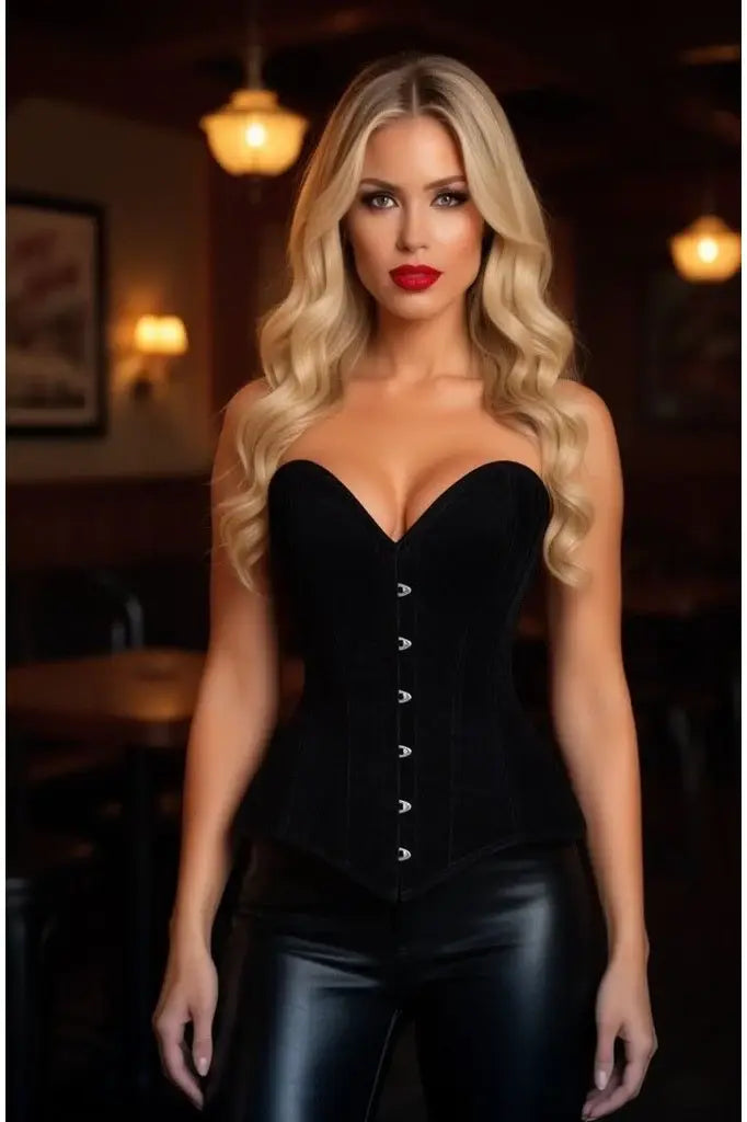 Lavish Black Velvet Overbust Corset Sweetheart Neckline Busk Closure - Daisy Corsets - Flyclothing LLC