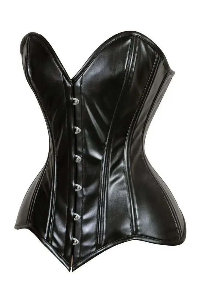 Lavish Black Wet Look Faux Leather Overbust Corset Sweetheart Neckline Busk Closure - Daisy Corsets - Flyclothing LLC