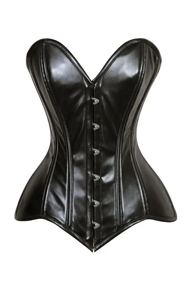 Lavish Black Wet Look Faux Leather Overbust Corset Sweetheart Neckline Busk Closure - Daisy Corsets - Flyclothing LLC