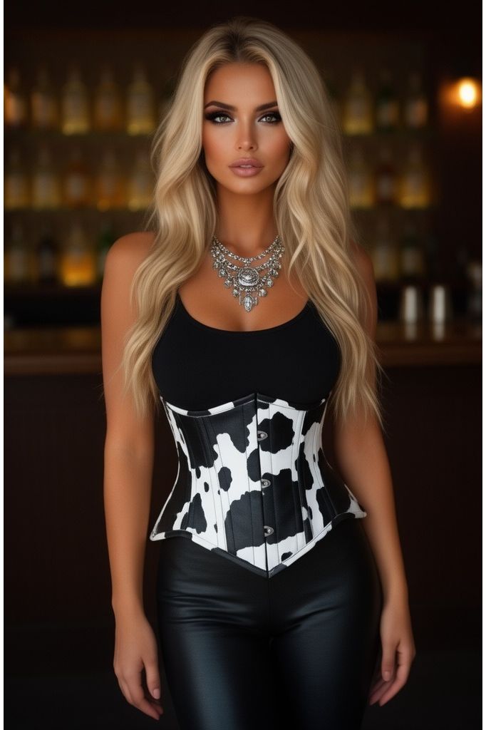 Daisy Corsets Lavish Black/White Cow Print Faux Leather Underbust Mini Cincher Corset Top - Daisy Corsets