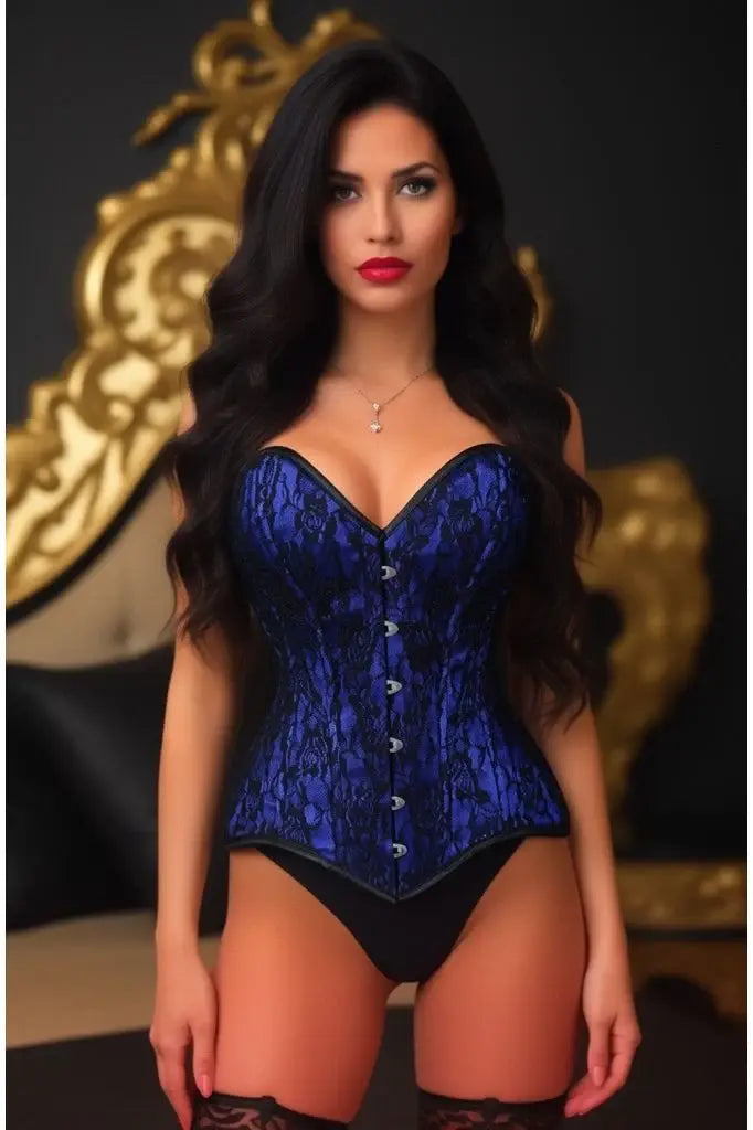 Lavish Blue/Black Lace Overbust Corset Sweetheart Neckline Busk Closure - Daisy Corsets - Flyclothing LLC