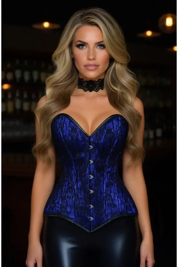 Lavish Blue/Black Lace Overbust Corset Sweetheart Neckline Busk Closure - Daisy Corsets - Flyclothing LLC
