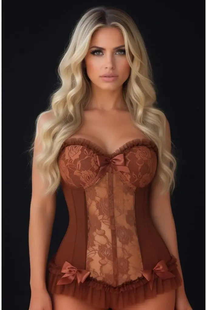 Lavish Caramel Lycra & Lace Hook & Eye Stretch Bustier Corset - Daisy Corsets - Flyclothing LLC