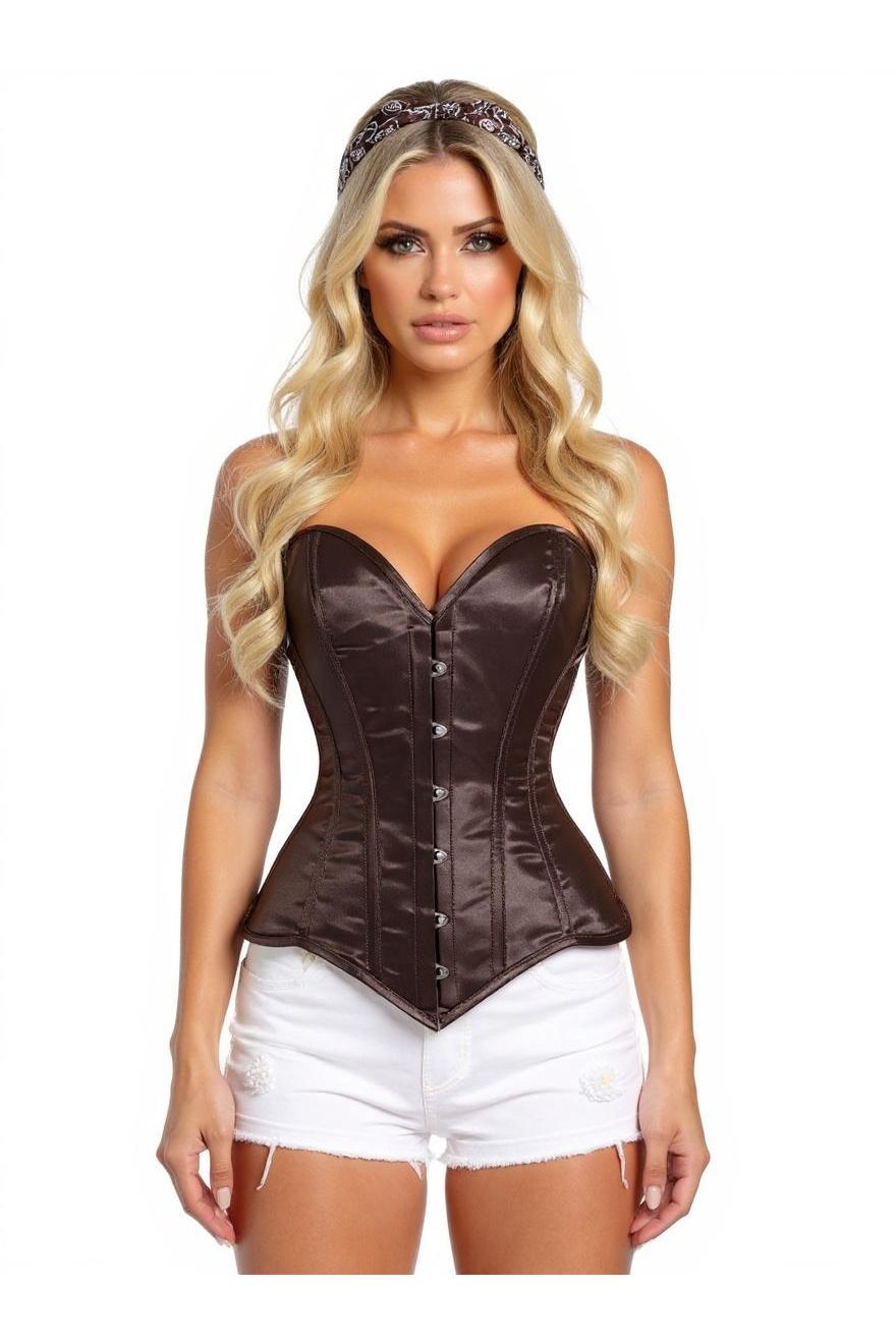 Daisy Corsets Lavish Dark Brown Satin Overbust Corset Sweetheart Neckline Busk Closure - Daisy Corsets