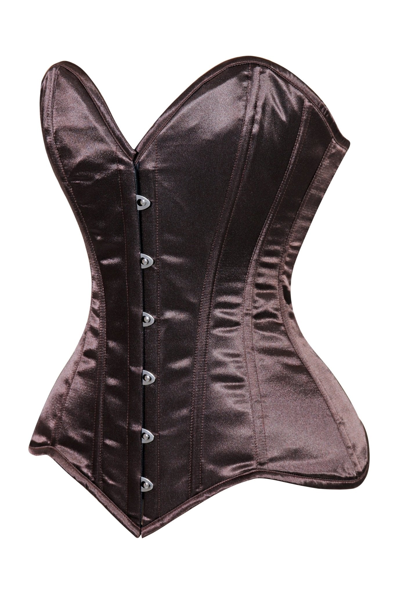 Daisy Corsets Lavish Dark Brown Satin Overbust Corset Sweetheart Neckline Busk Closure - Daisy Corsets