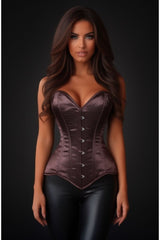 Daisy Corsets Lavish Dark Brown Satin Overbust Corset Sweetheart Neckline Busk Closure - Daisy Corsets
