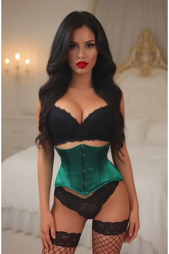 Lavish Dark Green Satin Mini Cincher Underbust Corset Waist Cincher Busk Closure - Daisy Corsets - Flyclothing LLC