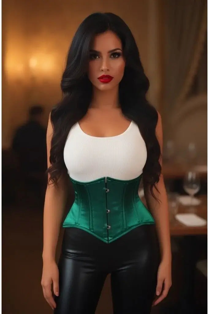 Lavish Dark Green Satin Mini Cincher Underbust Corset Waist Cincher Busk Closure - Daisy Corsets - Flyclothing LLC
