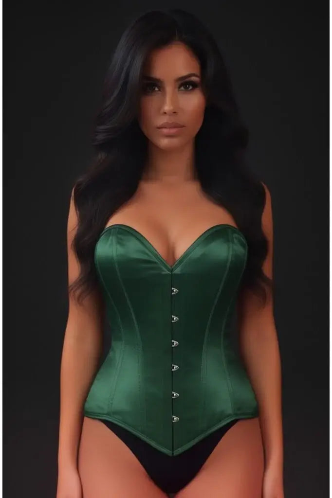 Lavish Dark Green Satin Overbust Corset Sweetheart Neckline Busk Closure - Daisy Corsets - Flyclothing LLC
