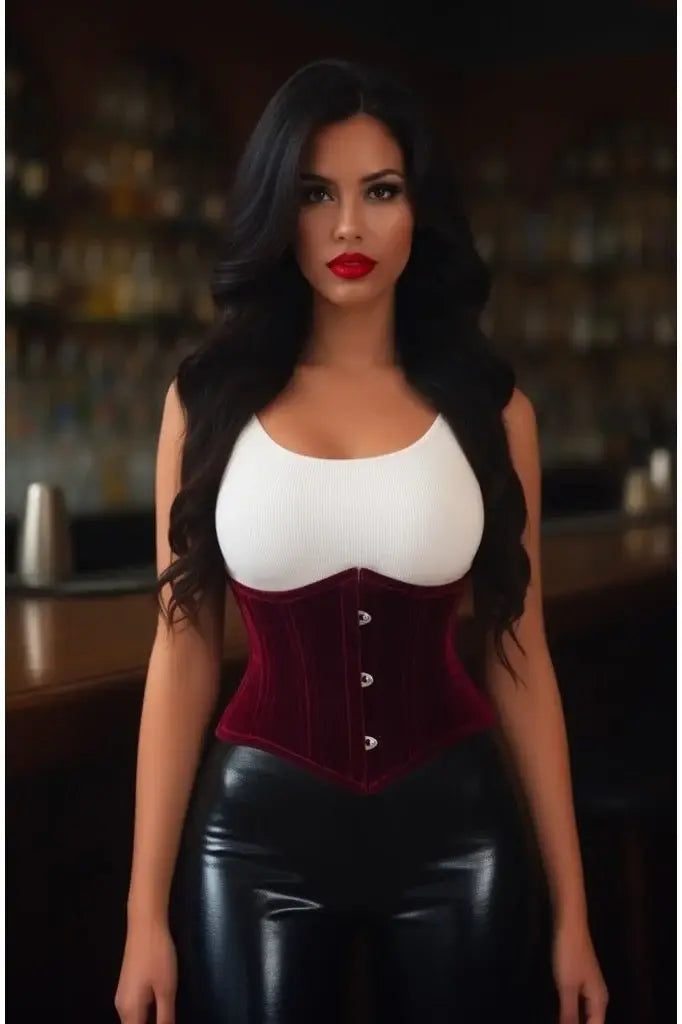 Lavish Dark Red Velvet Mini Cincher Underbust Corset Waist Cincher Busk Closure - Daisy Corsets - Flyclothing LLC