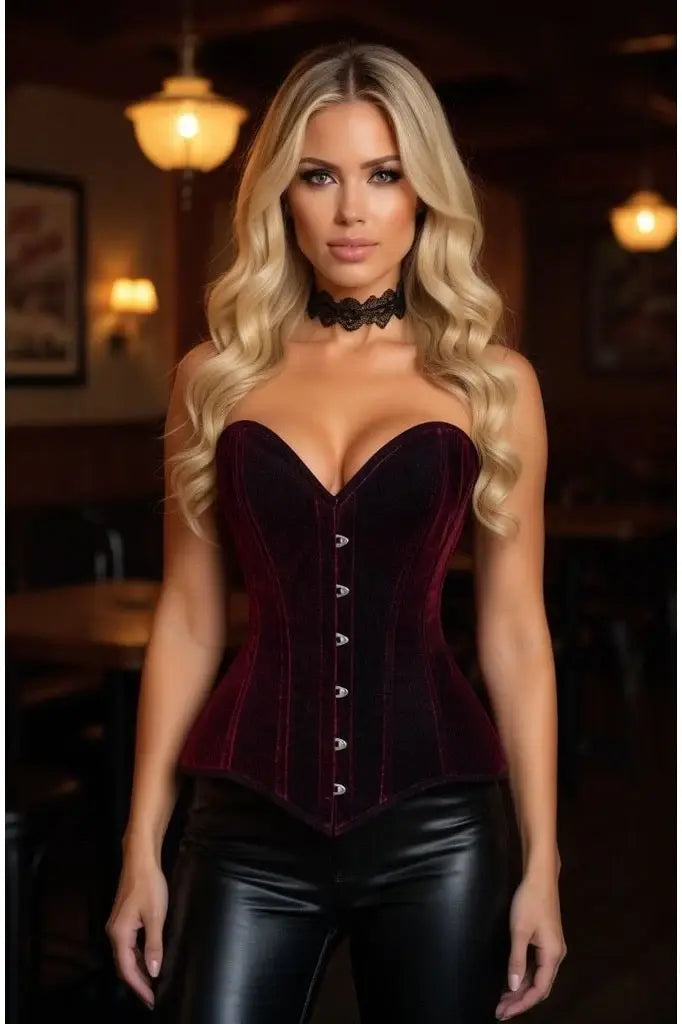 Lavish Dark Red Velvet Overbust Corset Sweetheart Neckline Busk Closure - Daisy Corsets - Flyclothing LLC