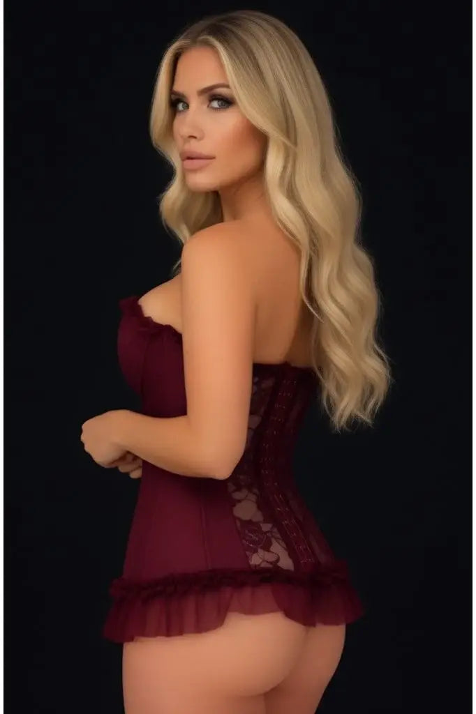 Lavish Dark Red Wine Lycra & Lace Hook & Eye Stretch Bustier Corset - Daisy Corsets - Flyclothing LLC