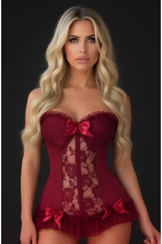 Lavish Dark Red Wine Lycra & Lace Hook & Eye Stretch Bustier Corset - Daisy Corsets - Flyclothing LLC