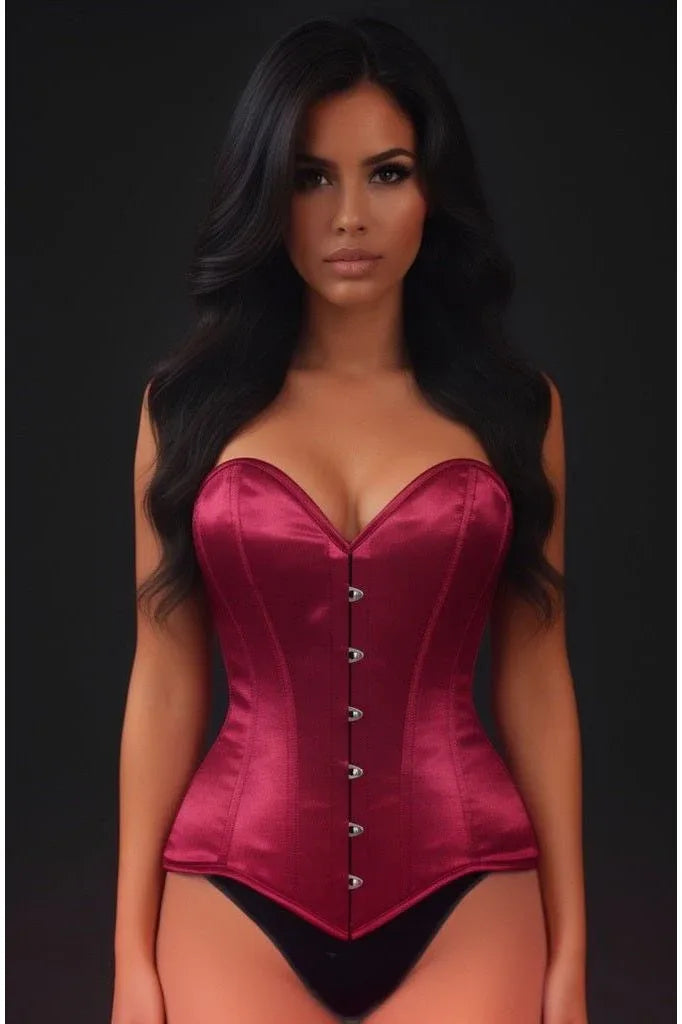 Lavish Dark Red Wine Satin Overbust Corset Sweetheart Neckline Busk Closure - Daisy Corsets - Flyclothing LLC