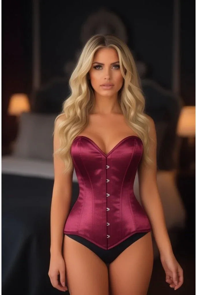 Lavish Dark Red Wine Satin Overbust Corset Sweetheart Neckline Busk Closure - Daisy Corsets - Flyclothing LLC