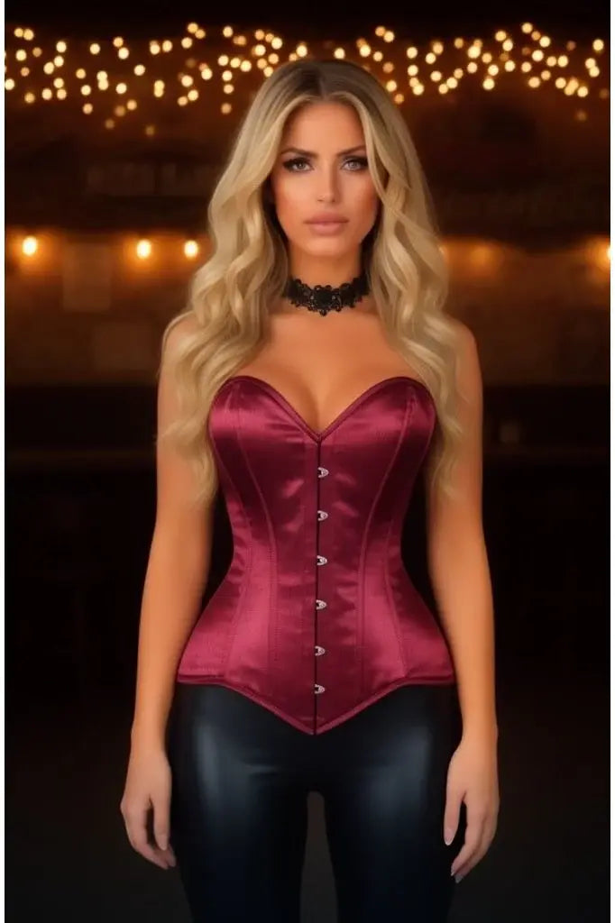 Lavish Dark Red Wine Satin Overbust Corset Sweetheart Neckline Busk Closure - Daisy Corsets - Flyclothing LLC
