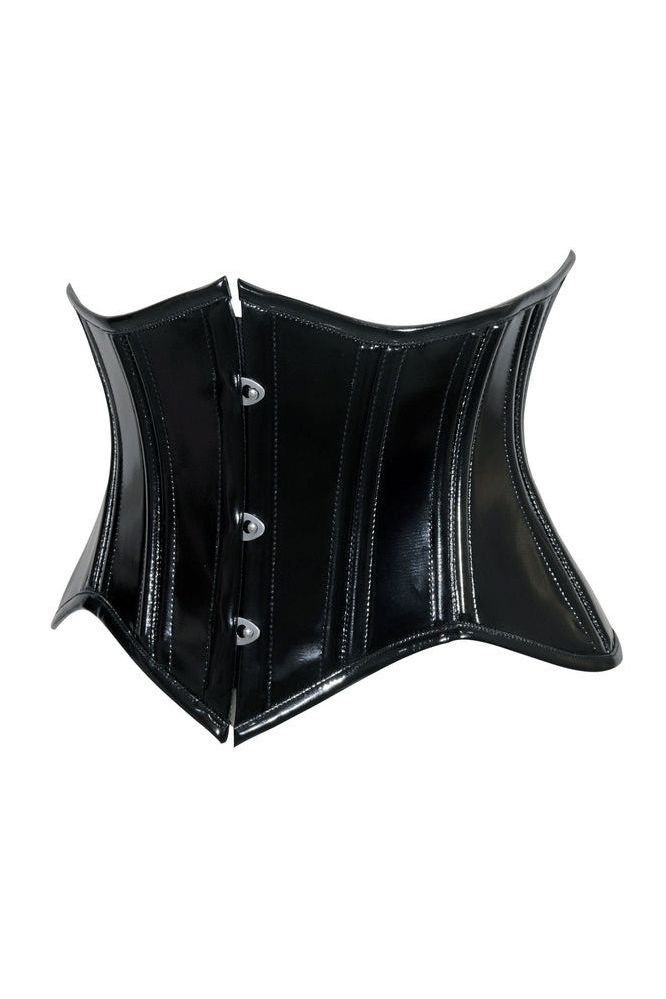Daisy Corsets Lavish Double Boned Black Patent PVC Vinyl Curvy Cut Mini Cincher Underbust Corset - Daisy Corsets