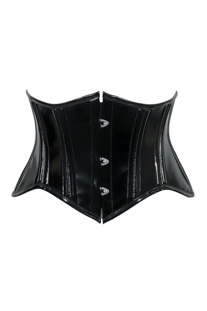 Daisy Corsets Lavish Double Boned Black Patent PVC Vinyl Curvy Cut Mini Cincher Underbust Corset - Daisy Corsets