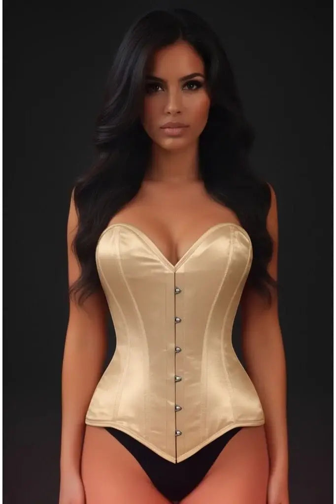 Lavish Gold Satin Overbust Corset Sweetheart Neckline Busk Closure - Daisy Corsets - Flyclothing LLC