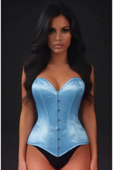 Lavish Lt Blue Satin Overbust Corset Sweetheart Neckline Busk Closure - Daisy Corsets - Flyclothing LLC