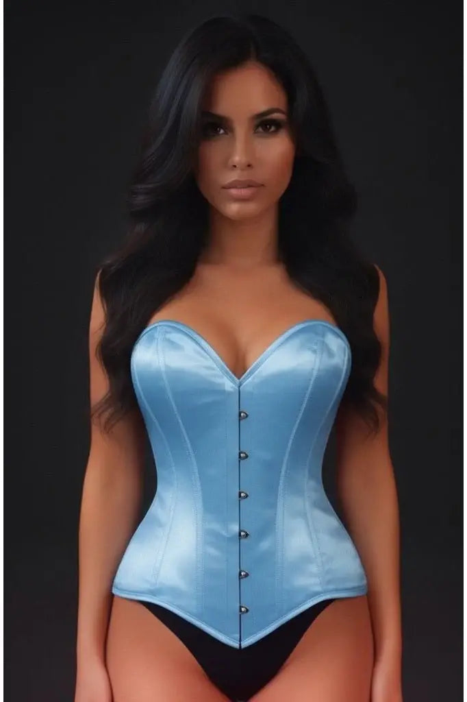 Lavish Lt Blue Satin Overbust Corset Sweetheart Neckline Busk Closure - Daisy Corsets - Flyclothing LLC