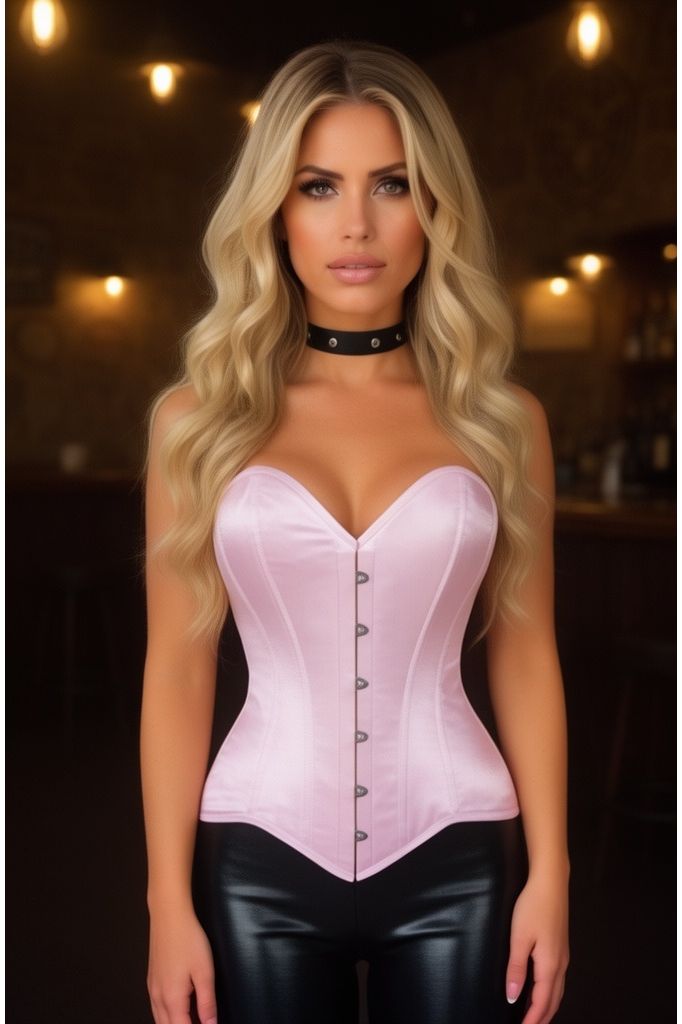Daisy Corsets Lavish Lt Pink Satin Overbust Corset Sweetheart Neckline Busk Closure - Daisy Corsets