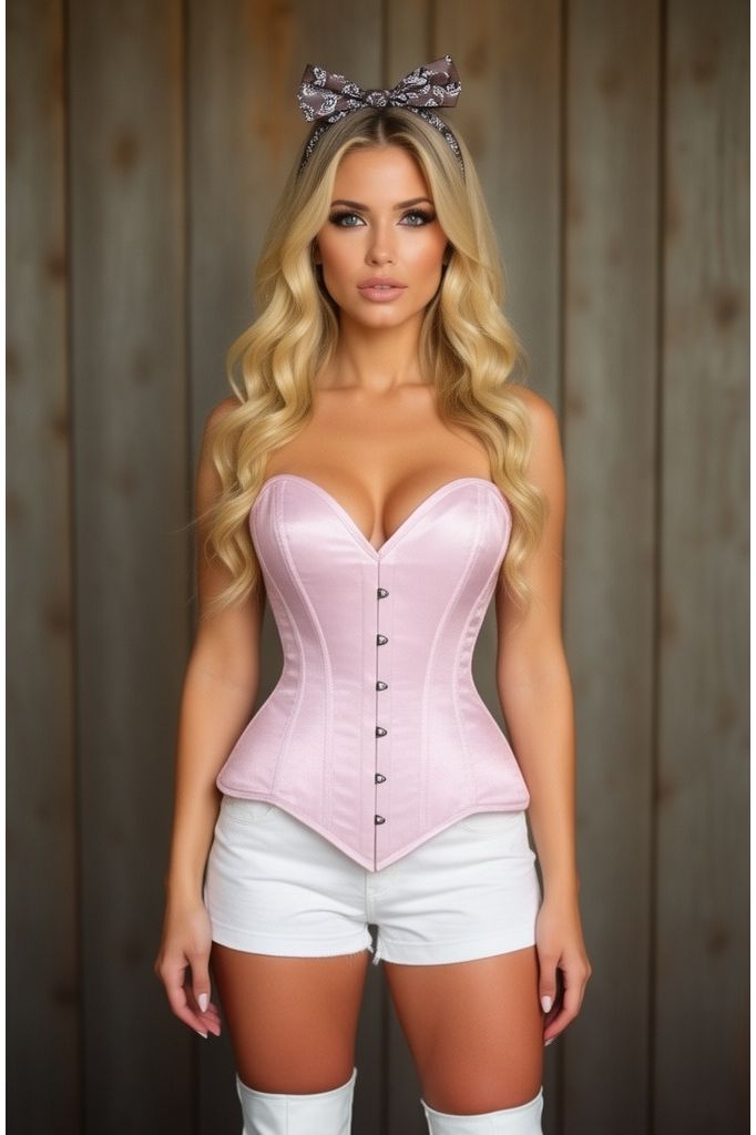 Daisy Corsets Lavish Lt Pink Satin Overbust Corset Sweetheart Neckline Busk Closure - Daisy Corsets
