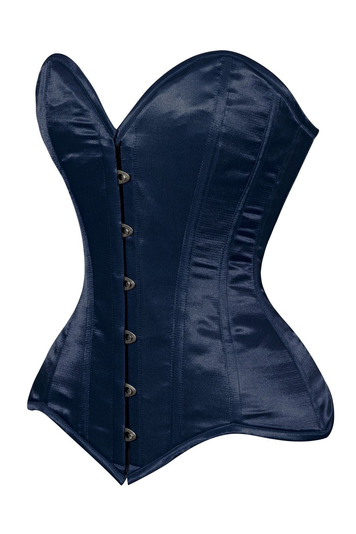 Daisy Corsets Lavish Navy Blue Satin Overbust Corset Sweetheart Neckline Busk Closure - Daisy Corsets