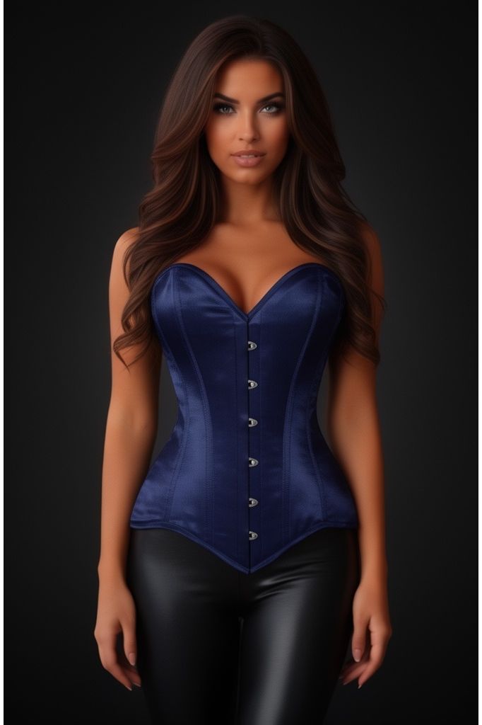 Daisy Corsets Lavish Navy Blue Satin Overbust Corset Sweetheart Neckline Busk Closure - Daisy Corsets
