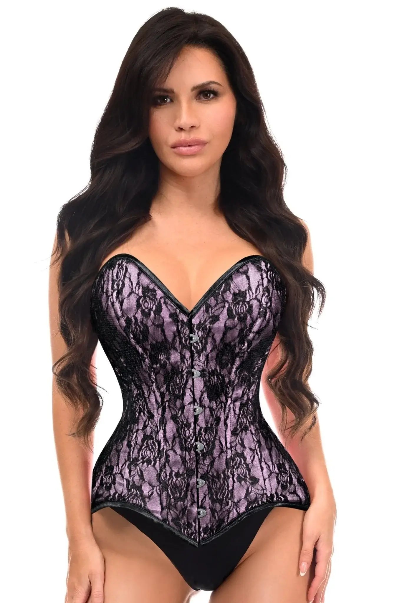 Lavish Pink/Black Lace Overbust Corset Sweetheart Neckline Busk Closure - Daisy Corsets - Flyclothing LLC