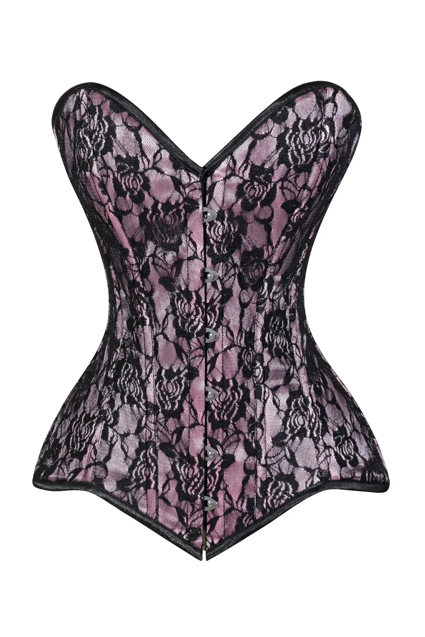 Lavish Pink/Black Lace Overbust Corset Sweetheart Neckline Busk Closure - Daisy Corsets - Flyclothing LLC