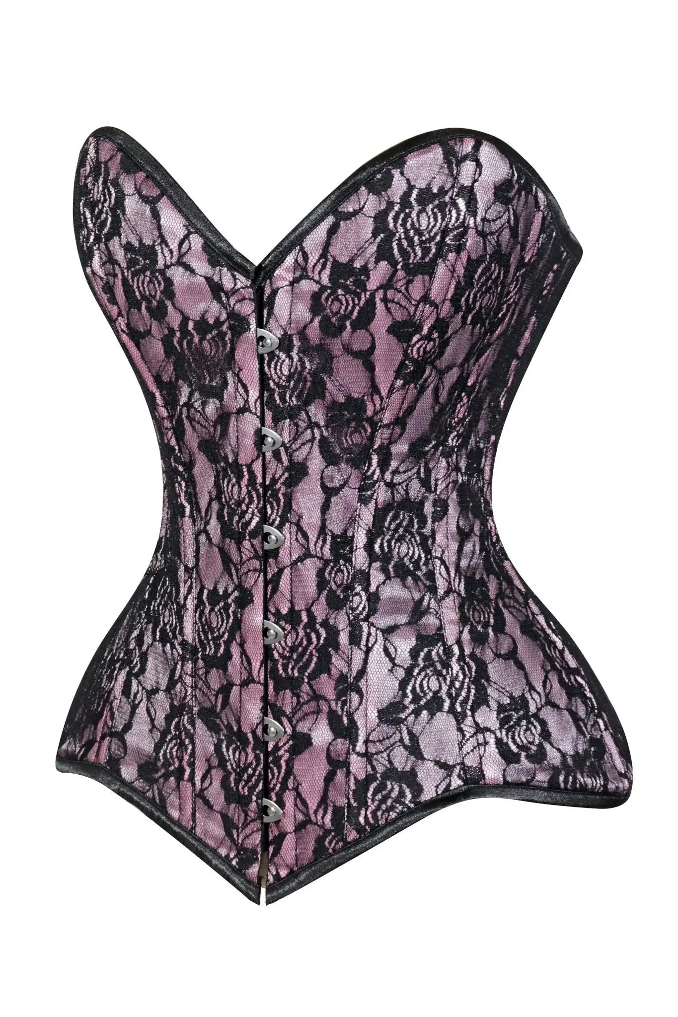 Lavish Pink/Black Lace Overbust Corset Sweetheart Neckline Busk Closure - Daisy Corsets - Flyclothing LLC
