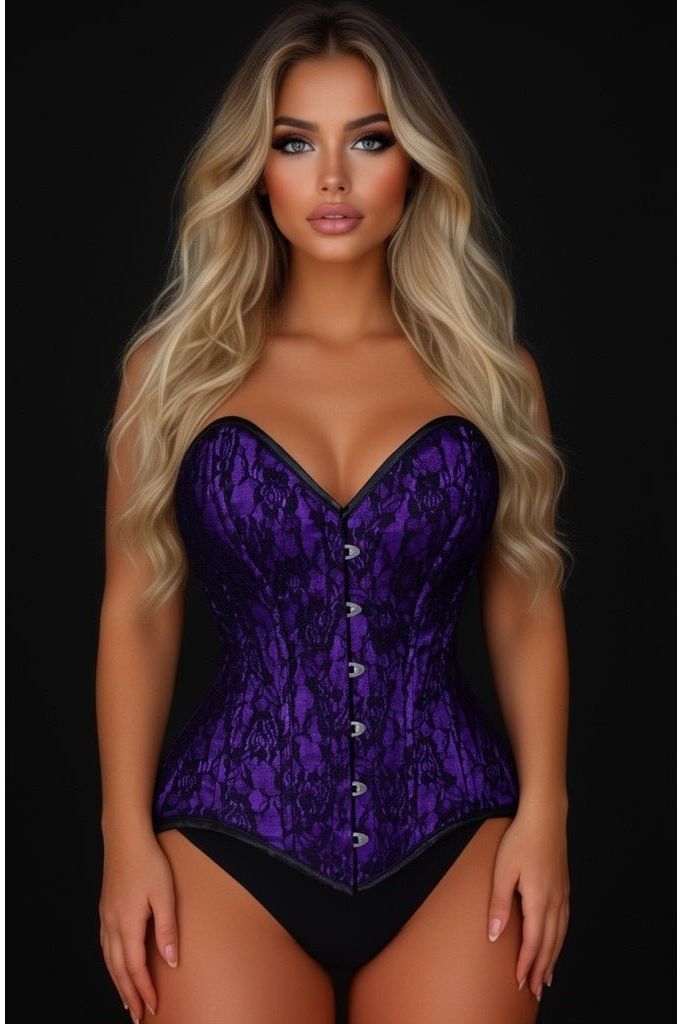 Daisy Corsets Lavish Purple/Black Lace Overbust Corset Sweetheart Neckline Busk Closure - Daisy Corsets