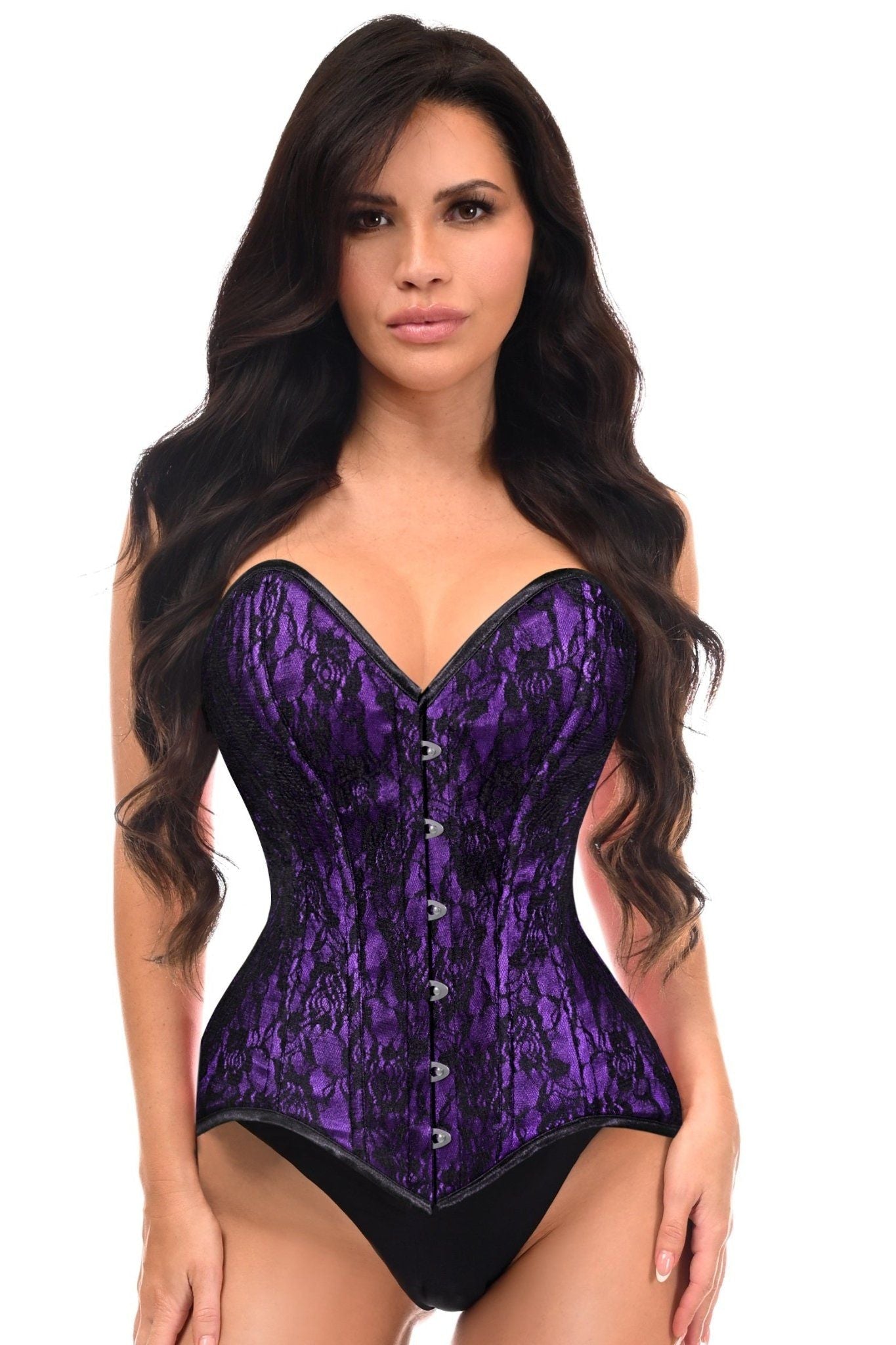 Daisy Corsets Lavish Purple/Black Lace Overbust Corset Sweetheart Neckline Busk Closure - Daisy Corsets